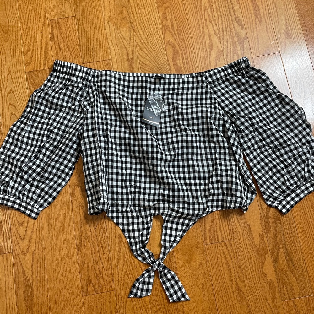 Forever 21 Gingham Tie Front Off The Shoulder Top